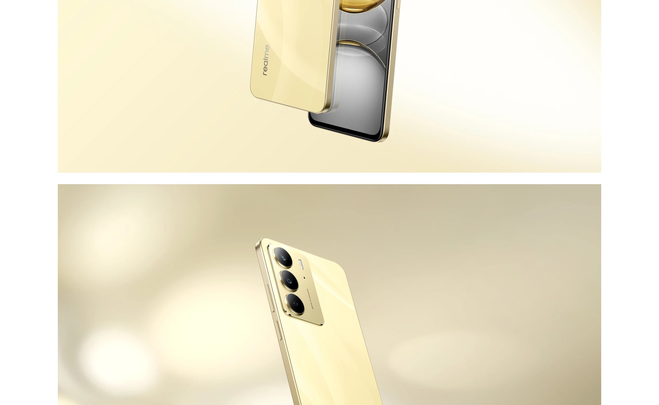 realme C75 smartphone UAE Gold glossy back with triple camera module and slim metal frame realme C75 smartphone UAE Gold glossy back with triple camera module and slim metal frame