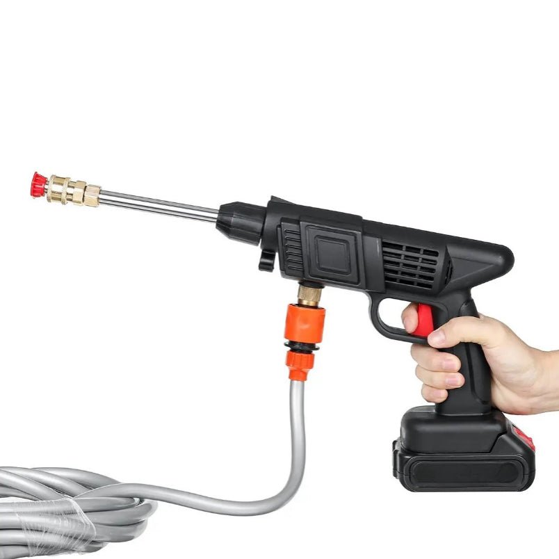 Huitich rechargeable power washer for cars held in hand with attached hose and red nozzle Huitich rechargeable power washer for cars held in hand with attached hose and red nozzle