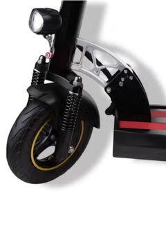 Front wheel and suspension of red electric scooter with seat by Winner Sky showing tire and headlight Front wheel and suspension of red electric scooter with seat by Winner Sky showing tire and headlight