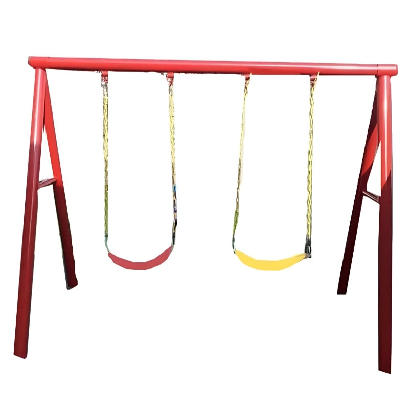 Huitich 2 seat playground swing for kids with red metal frame and two colorful plastic seats Huitich 2 seat playground swing for kids with red metal frame and two colorful plastic seats
