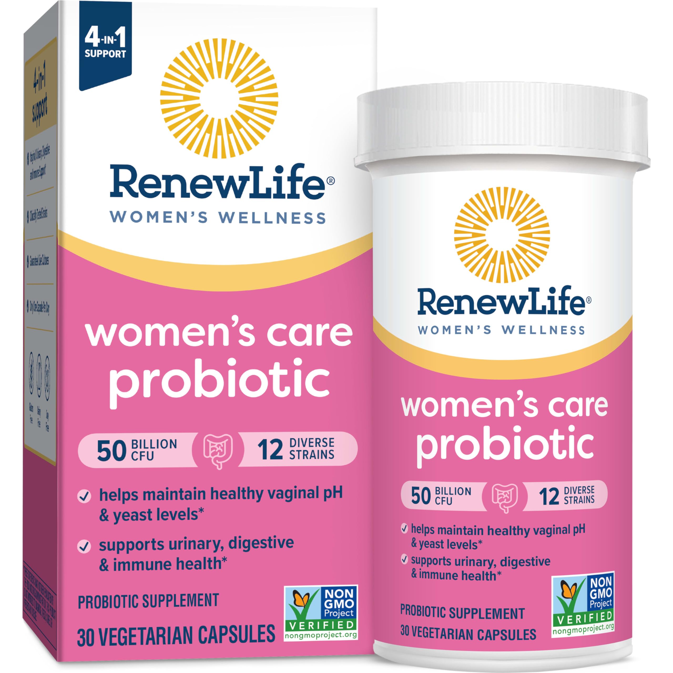 RenewLife women's probiotics 50 billion CFU supplement 12 strains 30 vegetarian capsules pink packaging RenewLife women's probiotics 50 billion CFU supplement 12 strains 30 vegetarian capsules pink packaging