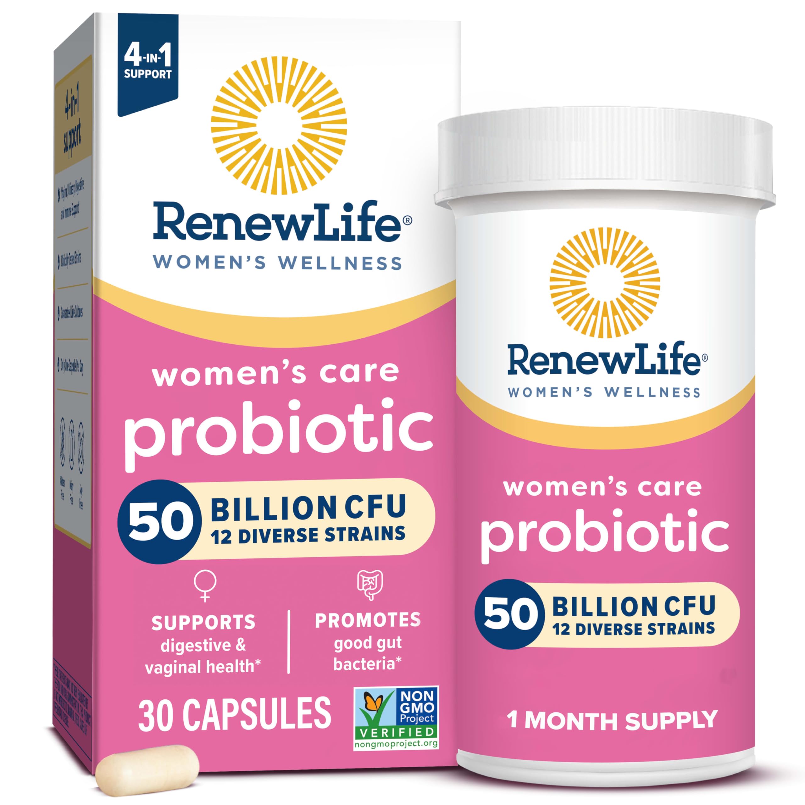 Renew Life women's probiotics 50 billion CFU 12 diverse strains bottle and box pink packaging 30 capsules 1 month supply Renew Life women's probiotics 50 billion CFU 12 diverse strains bottle and box pink packaging 30 capsules 1 month supply