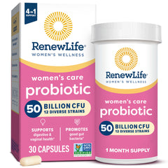 Renew Life women's probiotics 50 billion CFU 12 diverse strains bottle and box pink packaging 30 capsules 1 month supply Renew Life women's probiotics 50 billion CFU 12 diverse strains bottle and box pink packaging 30 capsules 1 month supply