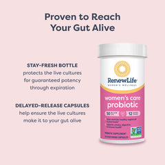 Renew Life women's care probiotic bottle with pink label and benefits listed, women's probiotics 50 billion Renew Life women's care probiotic bottle with pink label and benefits listed, women's probiotics 50 billion