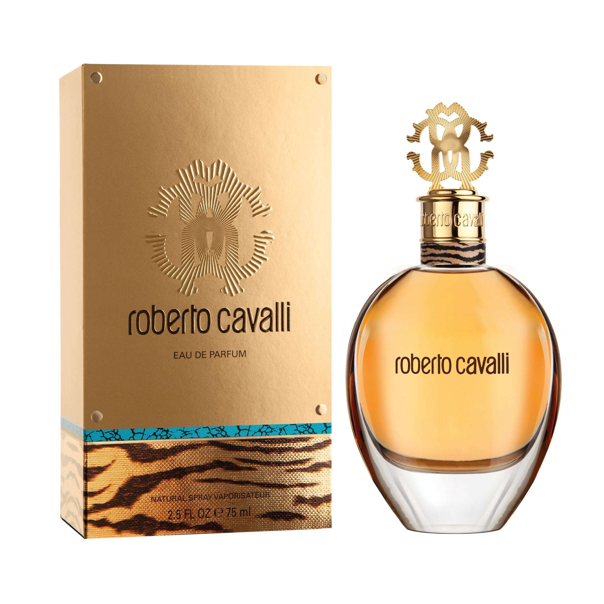 Roberto Cavalli Signature perfume Eau de Parfum bottle with gold and animal print packaging Roberto Cavalli Signature perfume Eau de Parfum bottle with gold and animal print packaging