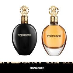Roberto Cavalli Signature perfume two elegant bottles one black and one amber with gold caps Roberto Cavalli Signature perfume two elegant bottles one black and one amber with gold caps
