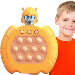 Huitich yellow robot pop fidget toy held by smiling boy in orange shirt Huitich yellow robot pop fidget toy held by smiling boy in orange shirt