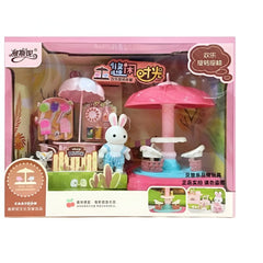 Huitich rotating rabbit dining table toy with bunny figure and pink umbrella in packaging Huitich rotating rabbit dining table toy with bunny figure and pink umbrella in packaging
