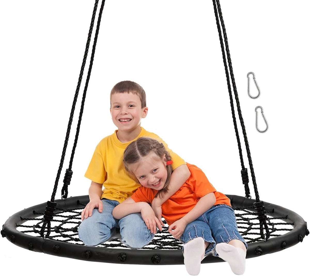 Huitich round outdoor swing seat with two children enjoying a fun swing experience Huitich round outdoor swing seat with two children enjoying a fun swing experience