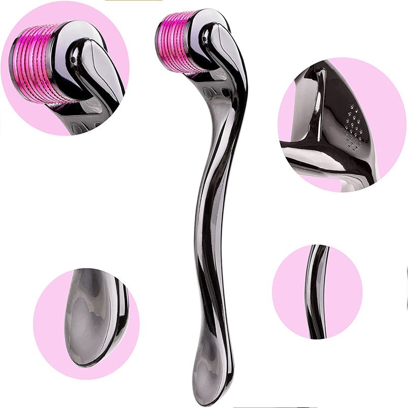 Huitich derma roller for face with pink microneedle head and ergonomic black handle Huitich derma roller for face with pink microneedle head and ergonomic black handle
