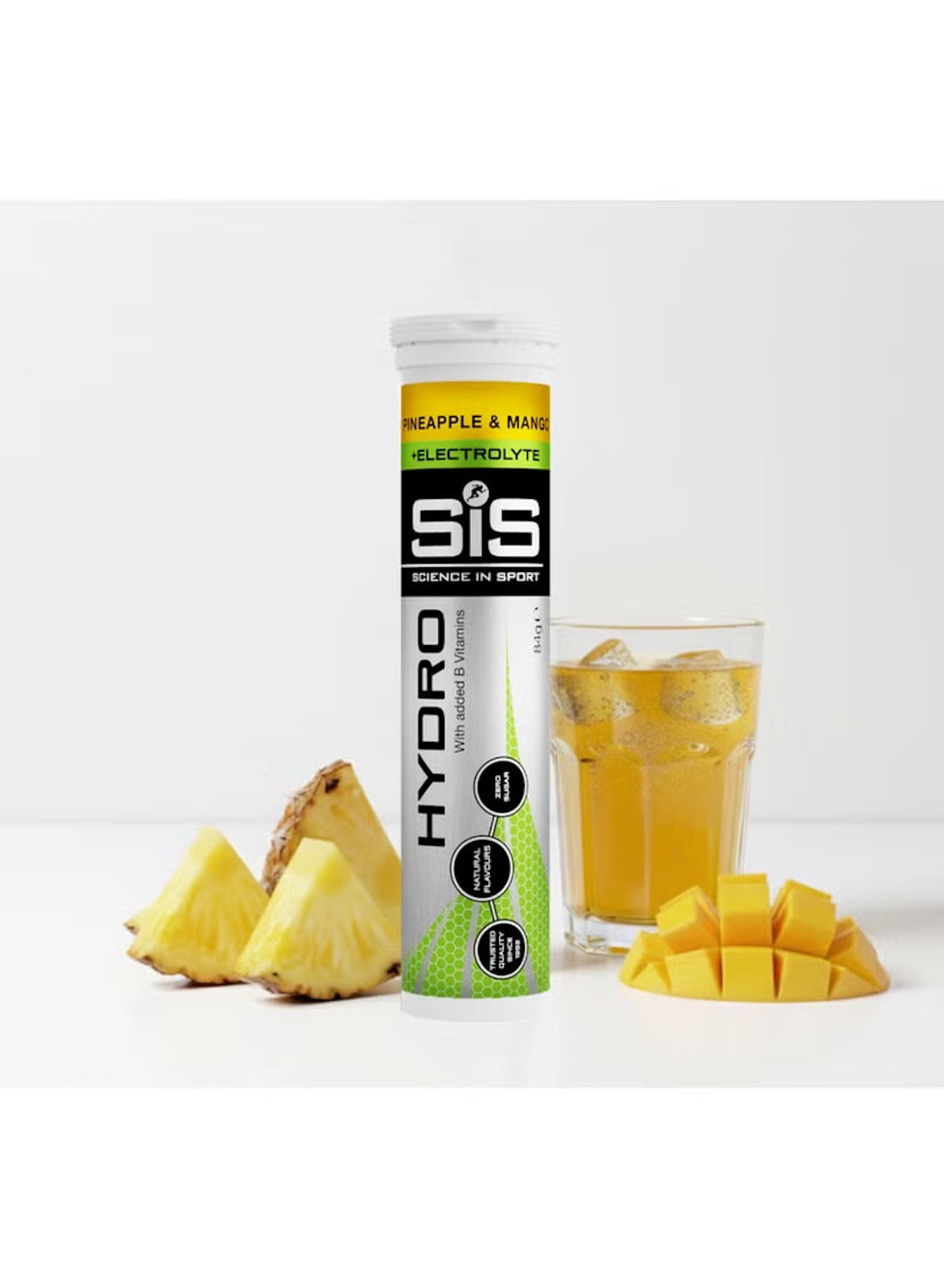 SIS Hydro electrolyte tablets for hydration in Pineapple and Mango flavor with a refreshing drink SIS Hydro electrolyte tablets for hydration in Pineapple and Mango flavor with a refreshing drink