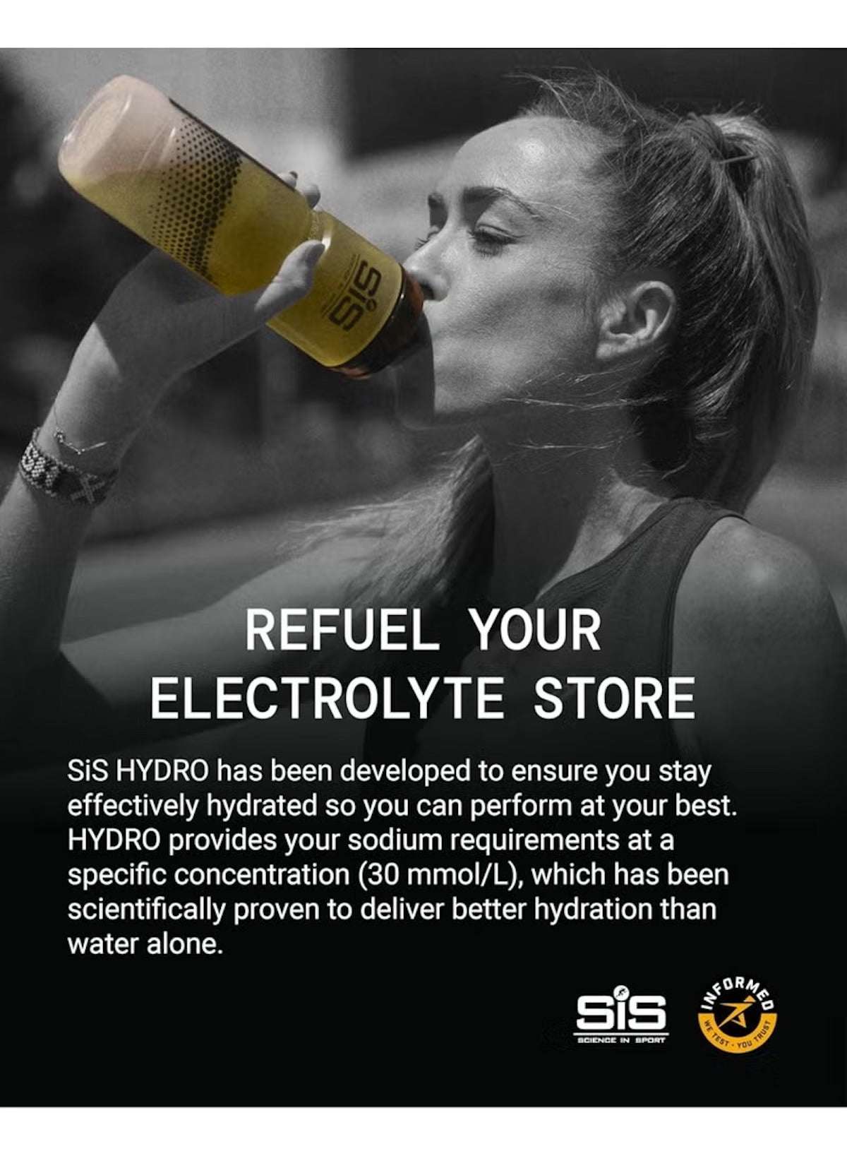 SiS Hydro electrolyte tablets for hydration in a promoting advertisement for effective hydration SiS Hydro electrolyte tablets for hydration in a promoting advertisement for effective hydration