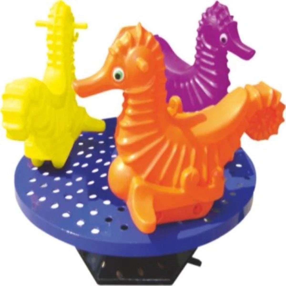 Colorful sea horse merry go round playset for children with three vibrant sea horse figures Colorful sea horse merry go round playset for children with three vibrant sea horse figures