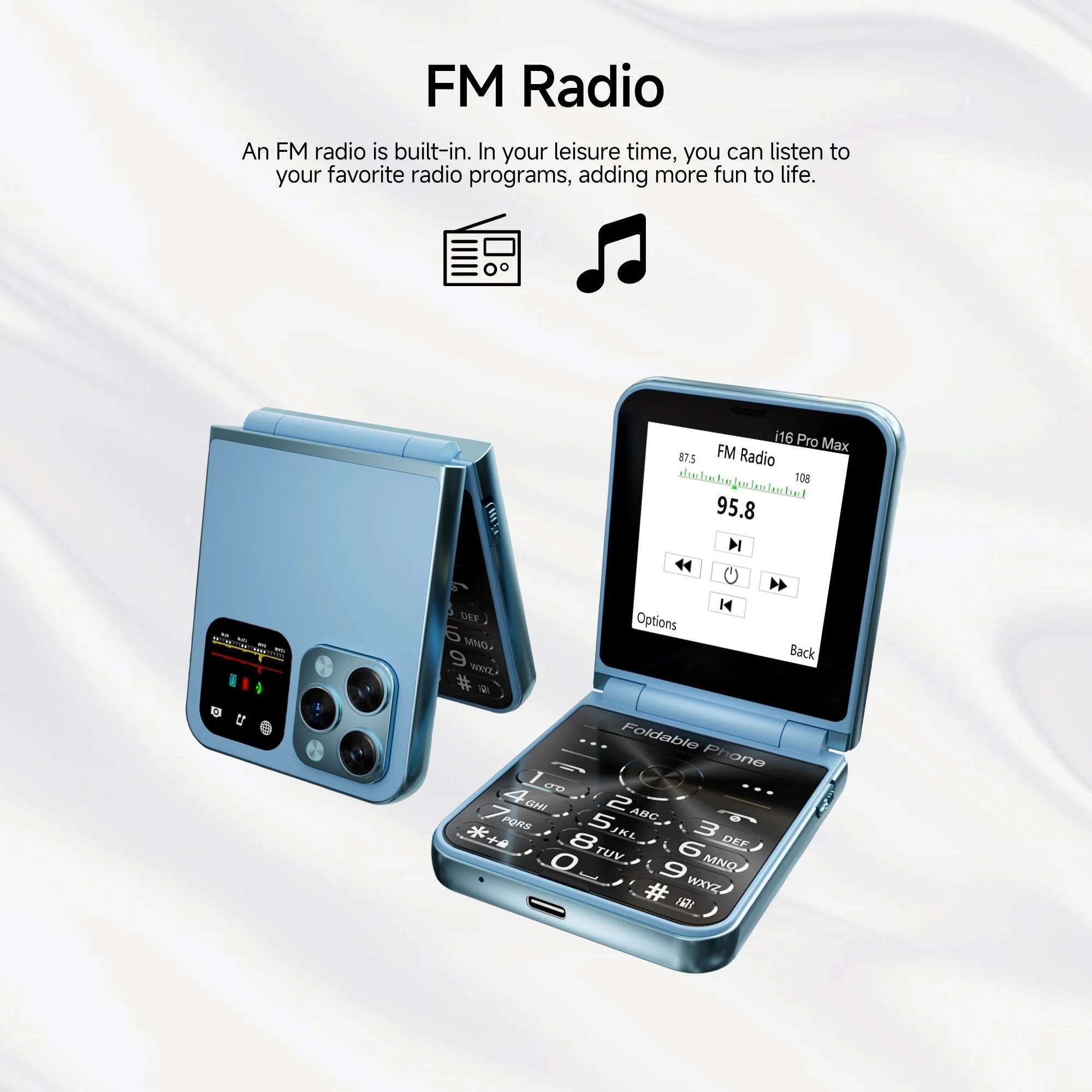 Mumzar blue flip mobile phone with dual SIM showing open keypad and FM radio screen and closed view Mumzar blue flip mobile phone with dual SIM showing open keypad and FM radio screen and closed view