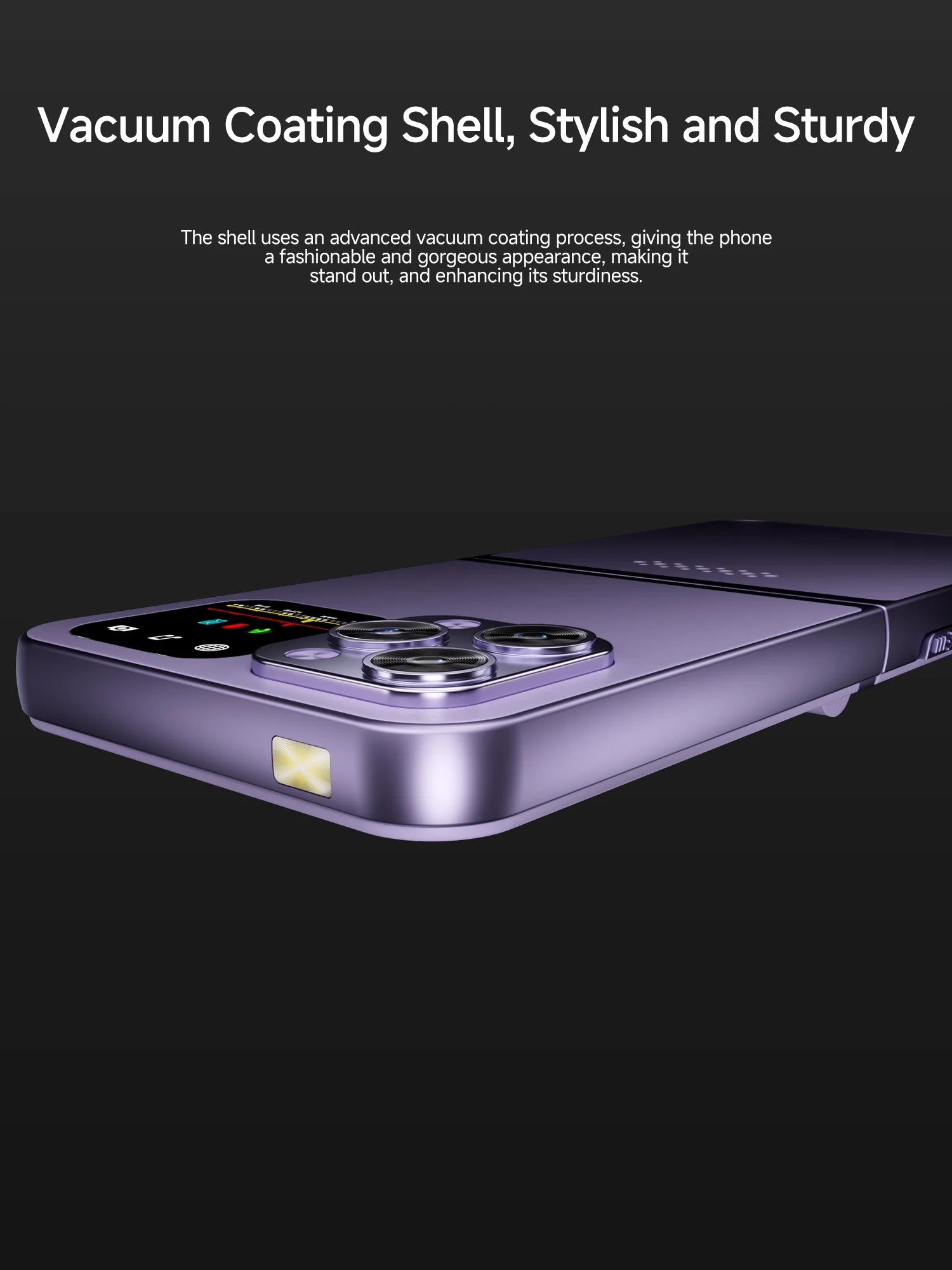 Mumzar purple flip mobile phone with dual SIM showing vacuum coated shell camera bump and external light Mumzar purple flip mobile phone with dual SIM showing vacuum coated shell camera bump and external light