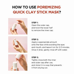 Step-by-step instructions showing how to use the pore minimizing face mask stick from opening to application and storage Step-by-step instructions showing how to use the pore minimizing face mask stick from opening to application and storage