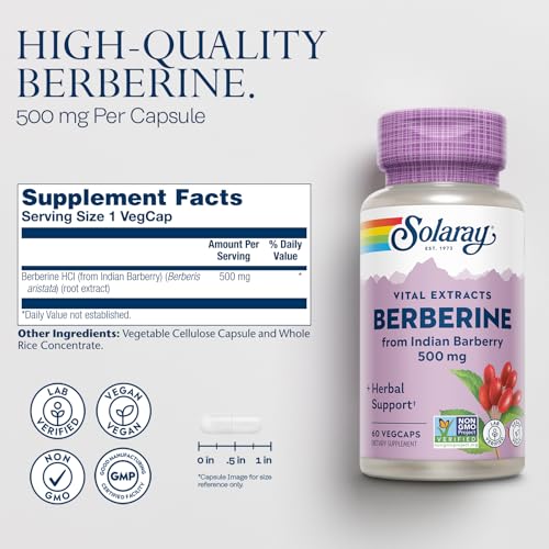 Solaray bottle and supplement facts label for Berberine from Indian Barberry 500 mg Berberine capsules for glucose metabolism Solaray bottle and supplement facts label for Berberine from Indian Barberry 500 mg Berberine capsules for glucose metabolism