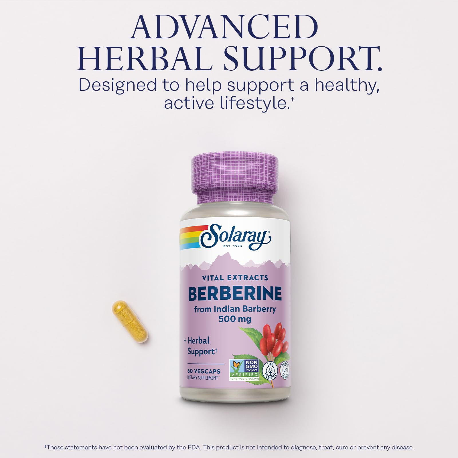 SOLARAY Berberine 500 mg bottle with one yellow capsule Berberine capsules for glucose metabolism support SOLARAY Berberine 500 mg bottle with one yellow capsule Berberine capsules for glucose metabolism support
