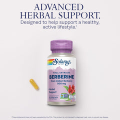 SOLARAY Berberine 500 mg bottle with one yellow capsule Berberine capsules for glucose metabolism support SOLARAY Berberine 500 mg bottle with one yellow capsule Berberine capsules for glucose metabolism support