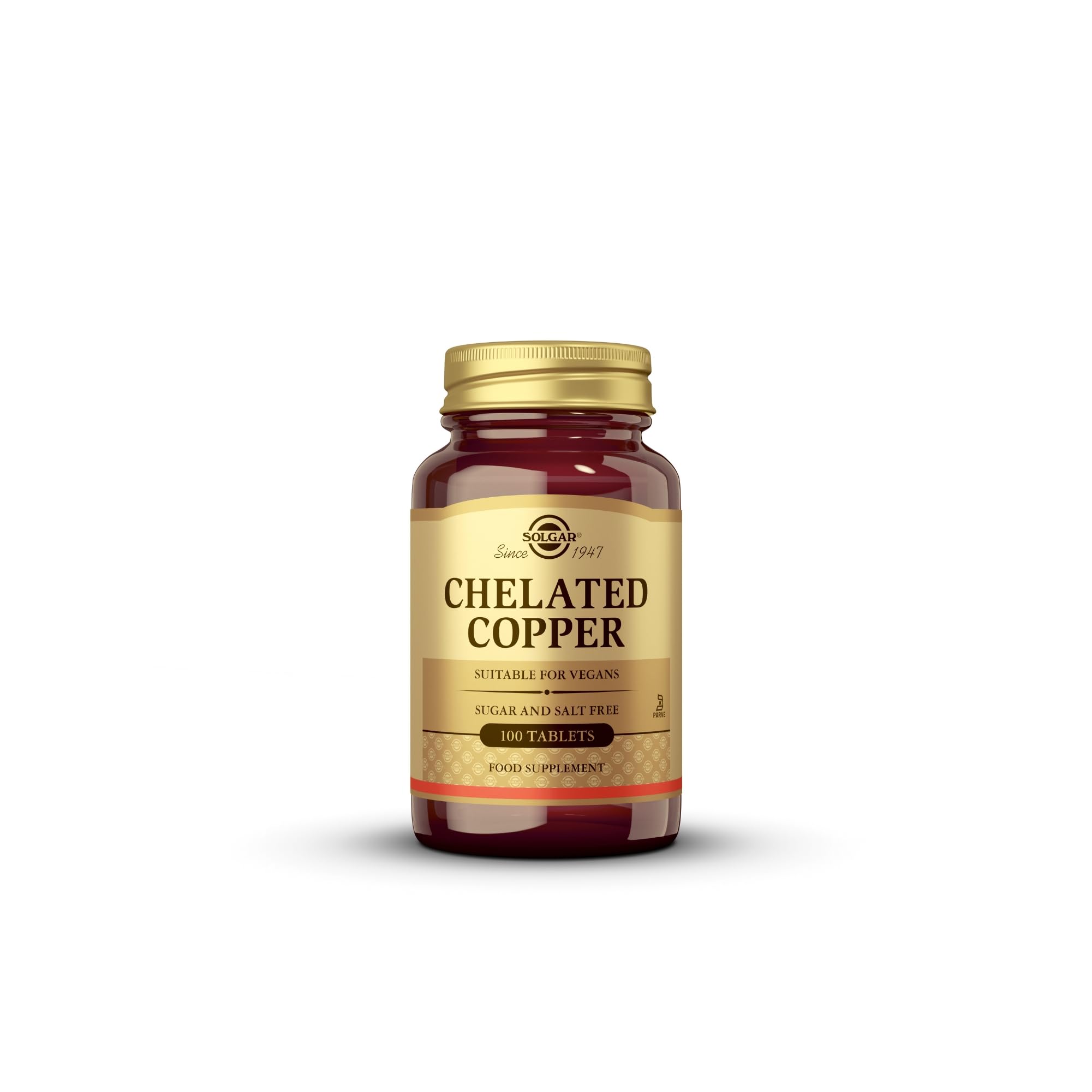 Solgar chelated copper tablets amber glass bottle with gold label 100 tablets vegan supplement Solgar chelated copper tablets amber glass bottle with gold label 100 tablets vegan supplement