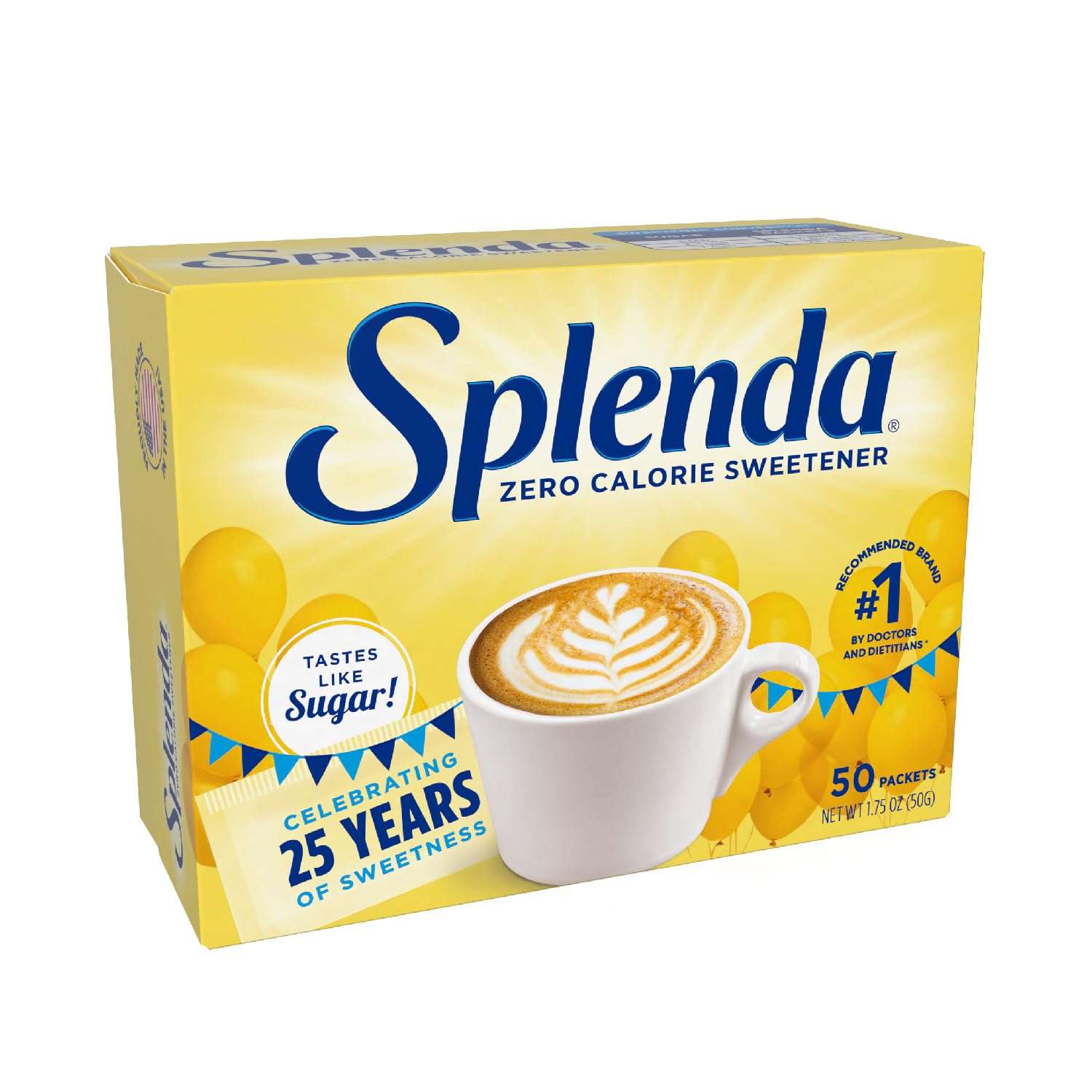 Box of Splenda no calorie sweetener packets 50 count with yellow packaging and cup of latte art Box of Splenda no calorie sweetener packets 50 count with yellow packaging and cup of latte art