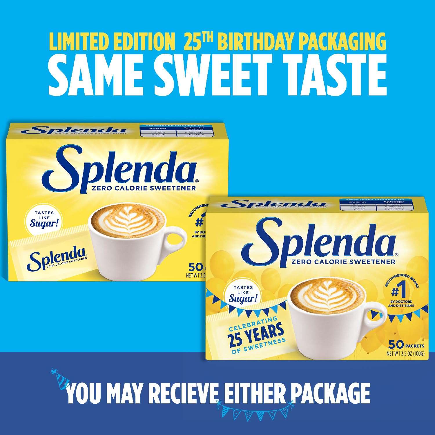 Two yellow Splenda boxes and a cup of latte on blue background showing 50 packet boxes Splenda no calorie sweetener packets. Two yellow Splenda boxes and a cup of latte on blue background showing 50 packet boxes Splenda no calorie sweetener packets.