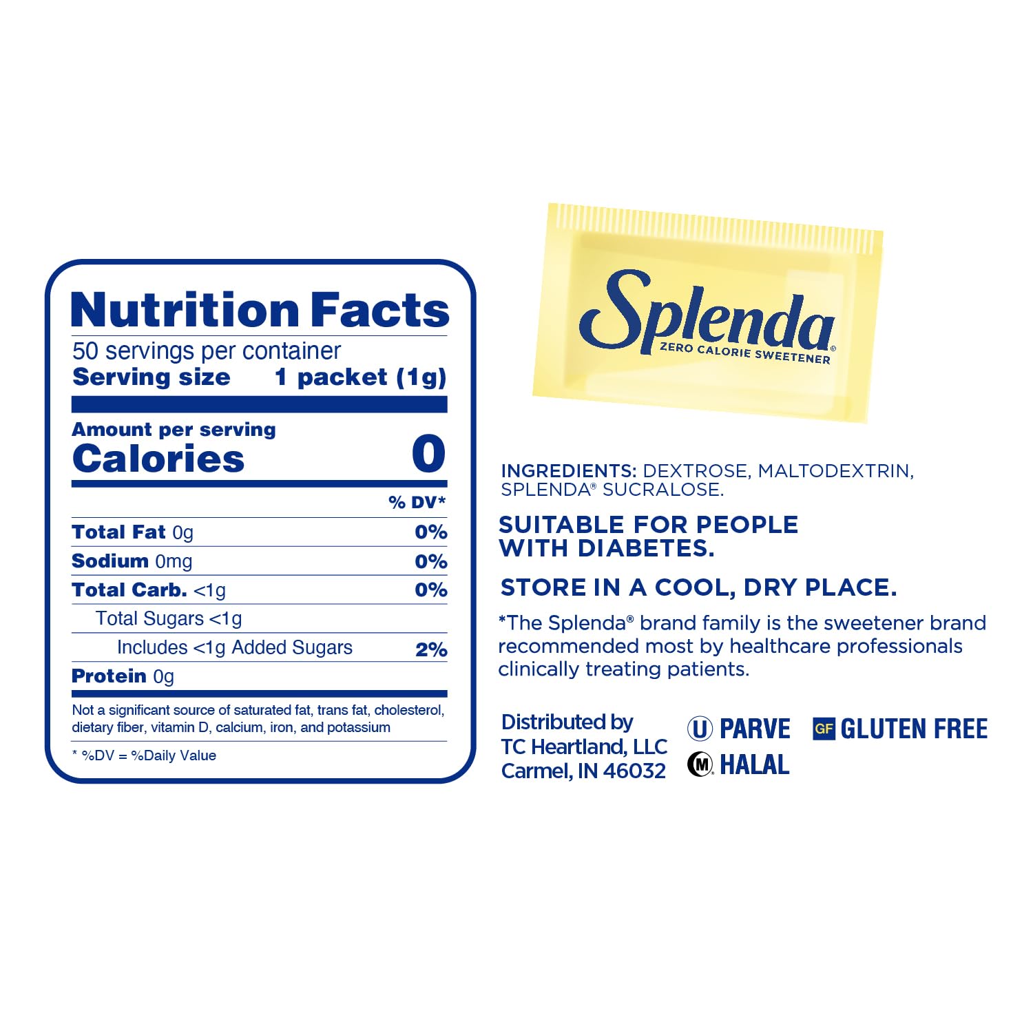 Box of Splenda no calorie sweetener packets showing yellow packet nutrition facts and ingredients label Box of Splenda no calorie sweetener packets showing yellow packet nutrition facts and ingredients label