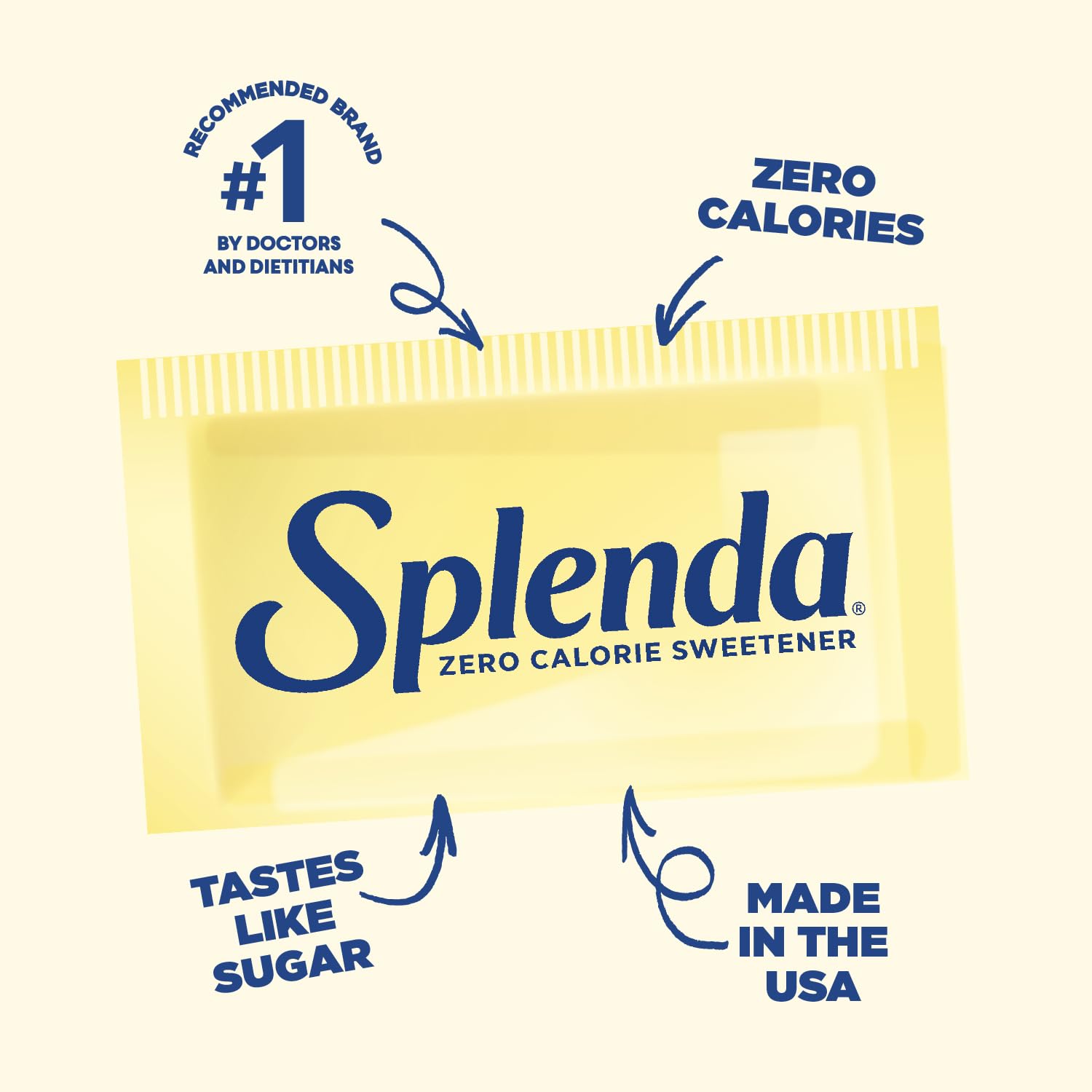 Single yellow Splenda packet advertising Splenda no calorie sweetener packets with zero calories and made in USA Single yellow Splenda packet advertising Splenda no calorie sweetener packets with zero calories and made in USA