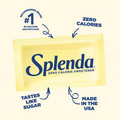 Single yellow Splenda packet advertising Splenda no calorie sweetener packets with zero calories and made in USA Single yellow Splenda packet advertising Splenda no calorie sweetener packets with zero calories and made in USA