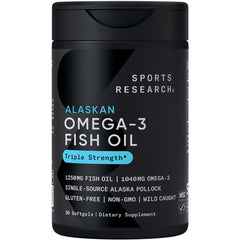 Sports Research Alaskan Omega 3 Fish Oil bottle triple strength omega 3 fish oil supplement 30 softgels Sports Research Alaskan Omega 3 Fish Oil bottle triple strength omega 3 fish oil supplement 30 softgels