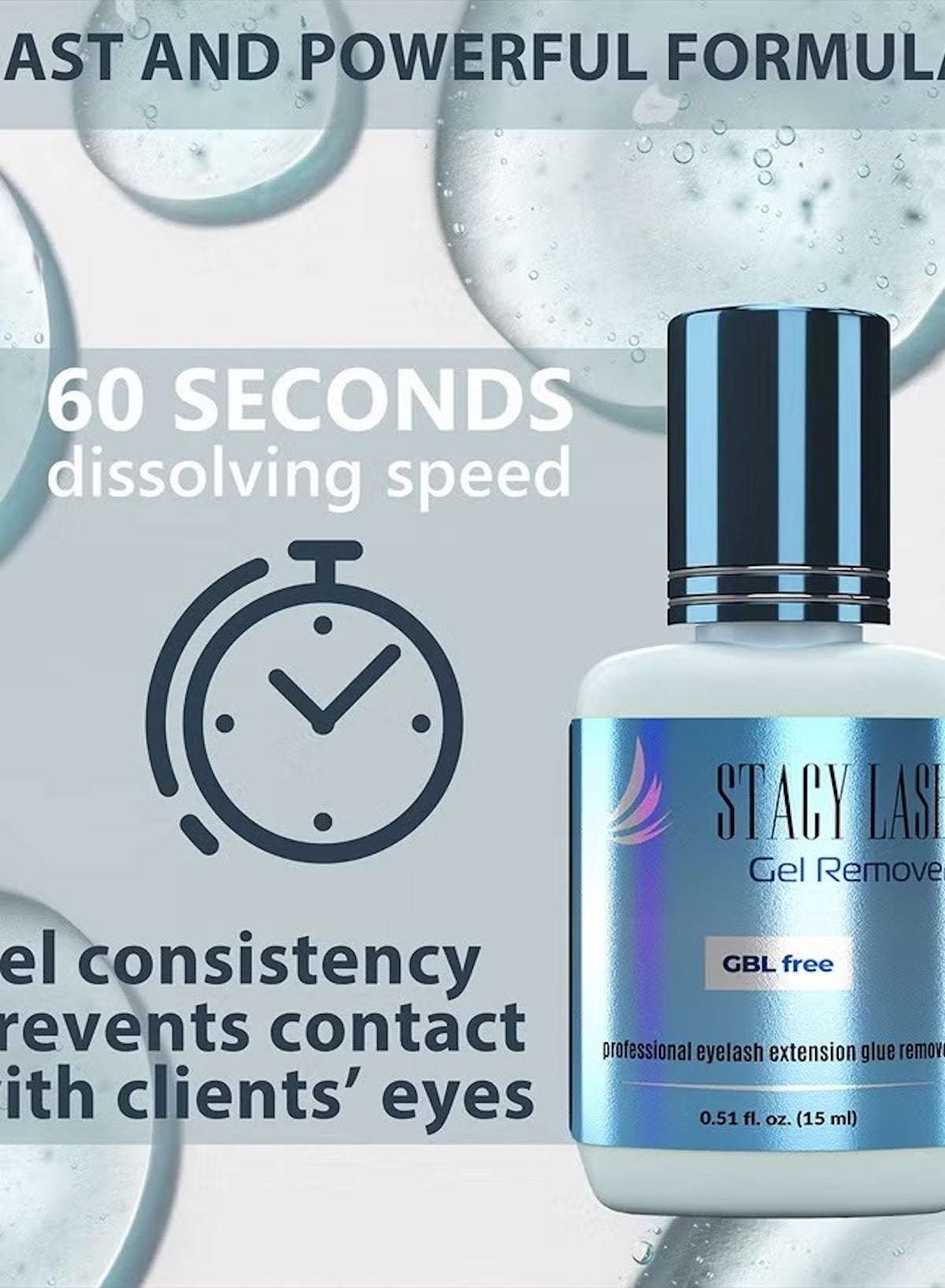 Stacy Lash eyelash extension glue remover gel with fast dissolving speed in a 0.51 oz bottle Stacy Lash eyelash extension glue remover gel with fast dissolving speed in a 0.51 oz bottle