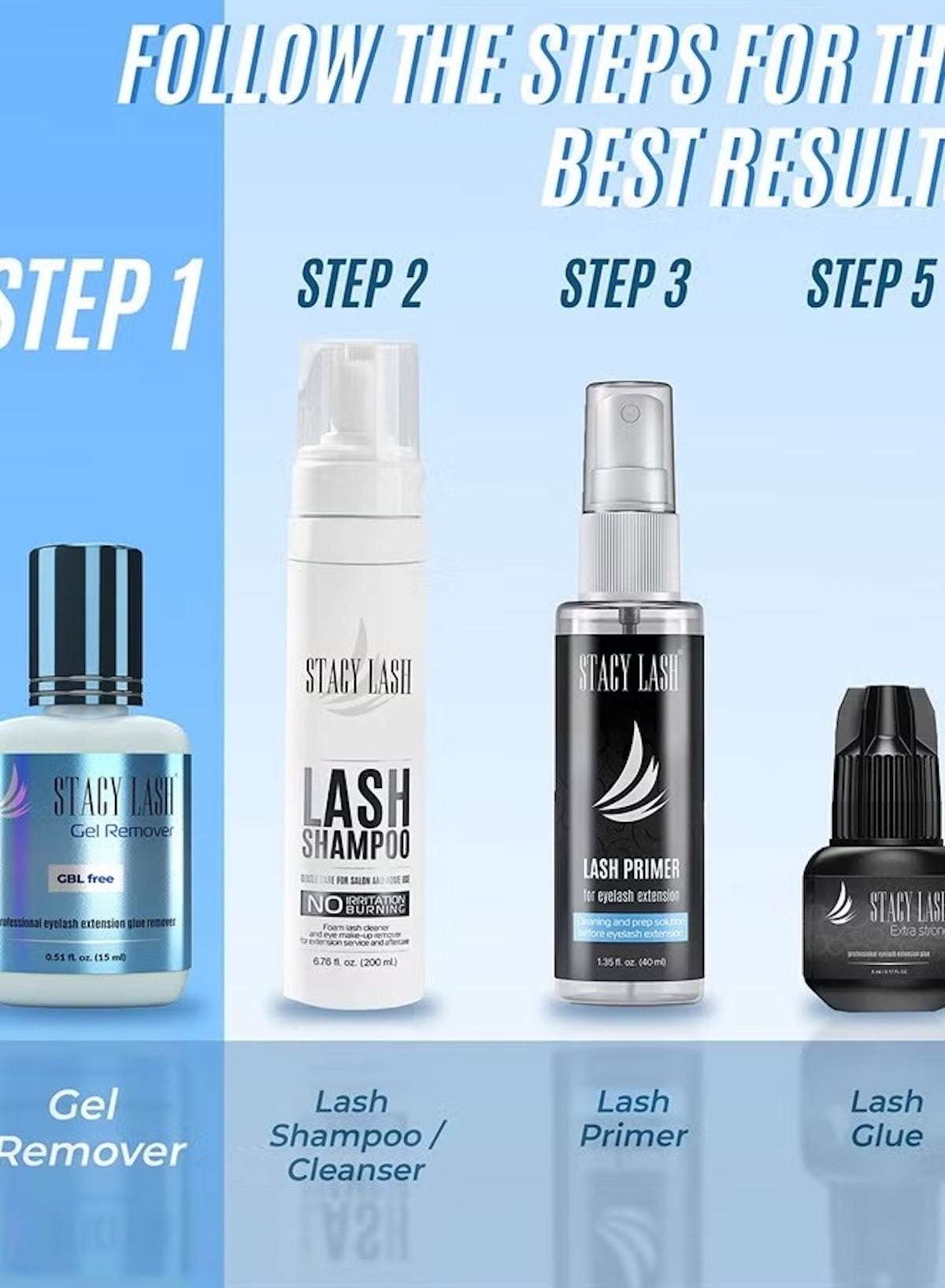 Stacy Lash eyelash extension glue remover alongside lash shampoo, primer, and glue for complete lash care Stacy Lash eyelash extension glue remover alongside lash shampoo, primer, and glue for complete lash care