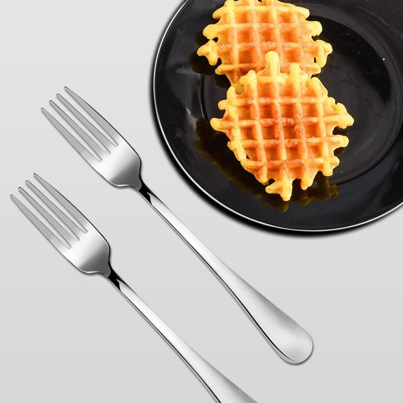 Huitich steel forks set of 12 for kitchen displayed with waffles on a black plate Huitich steel forks set of 12 for kitchen displayed with waffles on a black plate