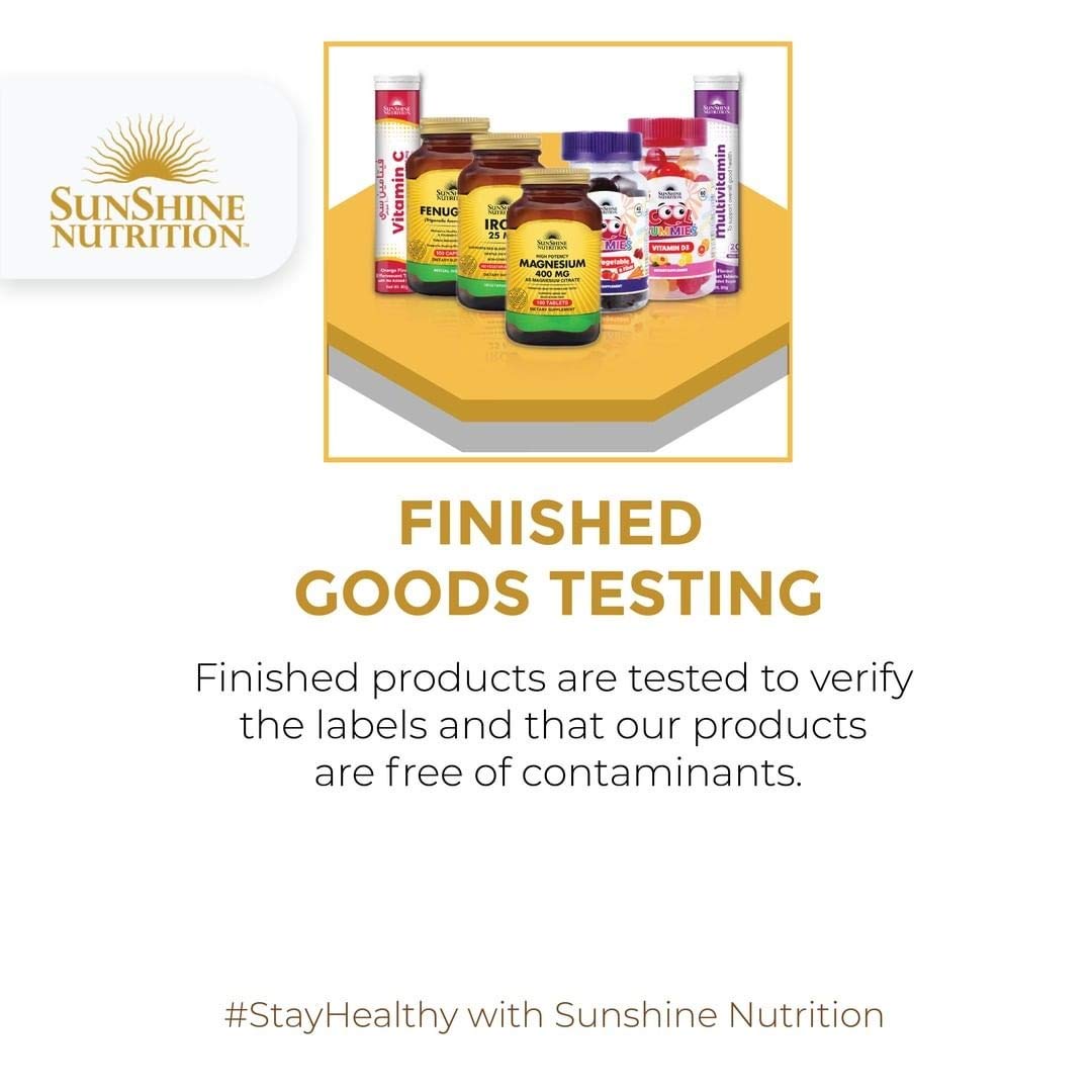 Sunshine Nutrition finished goods testing poster with supplement bottles and B-Complex effervescent tablets Sunshine Nutrition finished goods testing poster with supplement bottles and B-Complex effervescent tablets