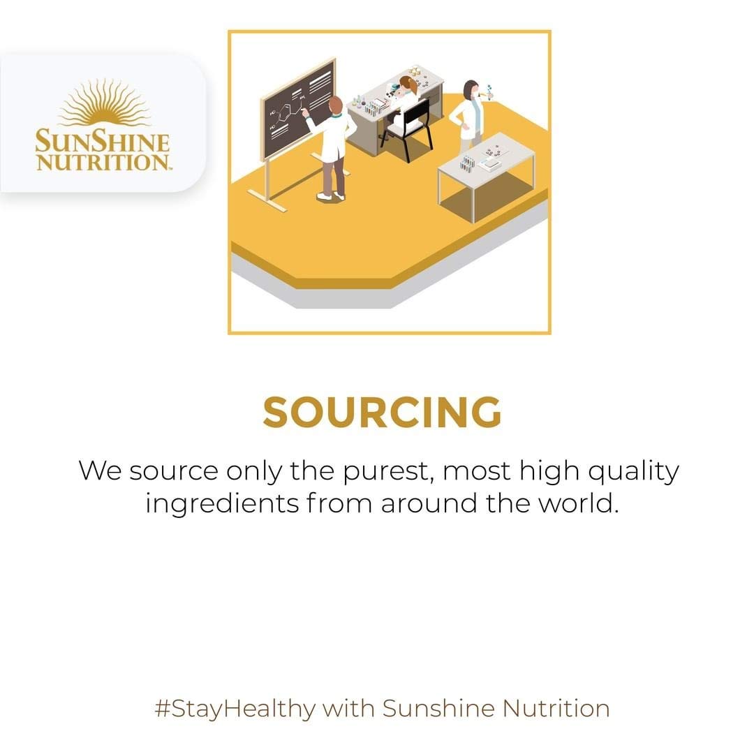 Sunshine Nutrition logo with lab scientists illustration and sourcing message promoting B-Complex effervescent tablets Sunshine Nutrition logo with lab scientists illustration and sourcing message promoting B-Complex effervescent tablets