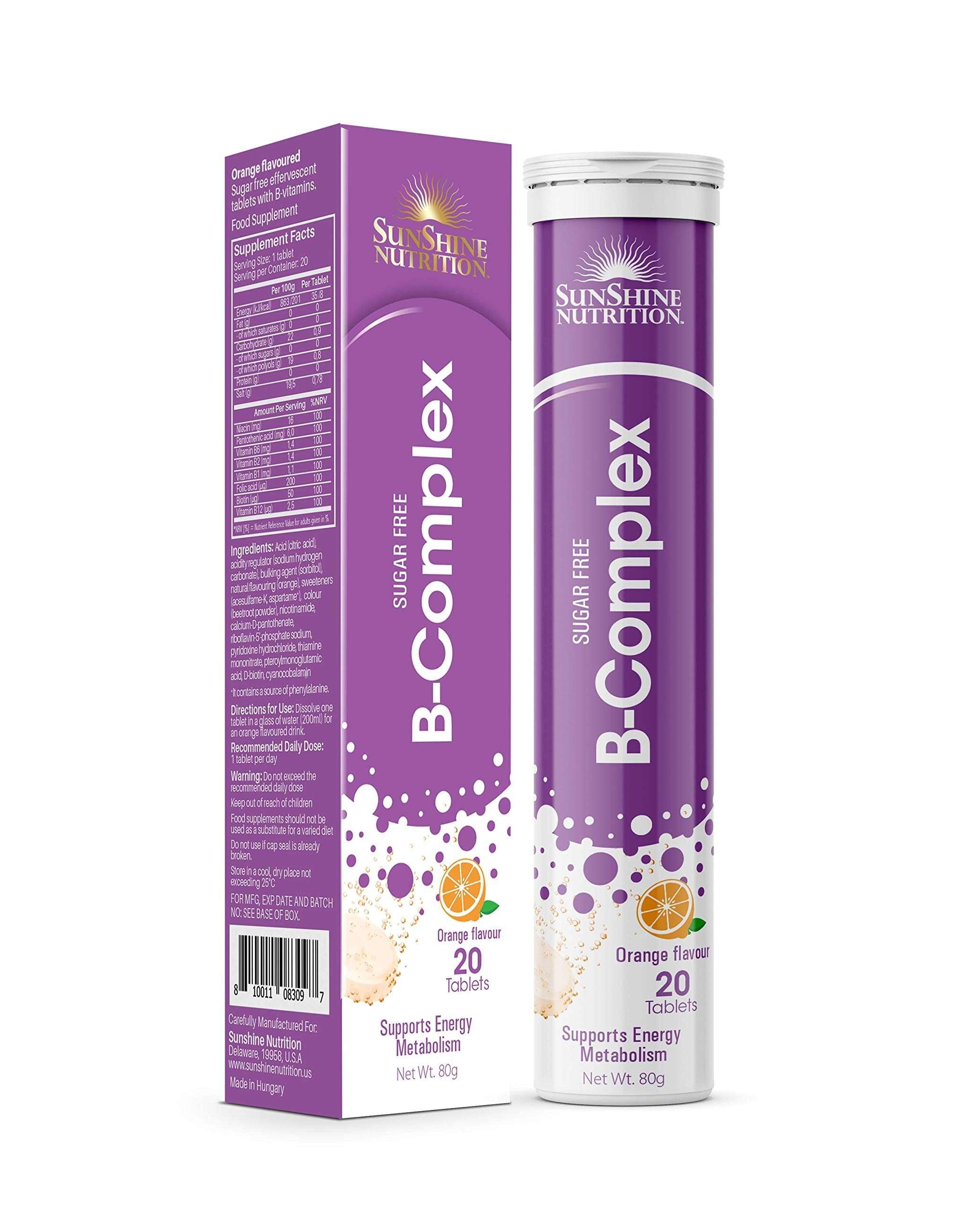 SUNSHINE NUTRITION B-Complex effervescent tablets orange flavor tube and box 20 tablets sugar free SUNSHINE NUTRITION B-Complex effervescent tablets orange flavor tube and box 20 tablets sugar free