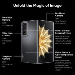 Honor Magic V2 5G foldable phone open with golden flower wallpaper showing triple rear camera module and dual front cameras Honor Magic V2 5G foldable phone open with golden flower wallpaper showing triple rear camera module and dual front cameras