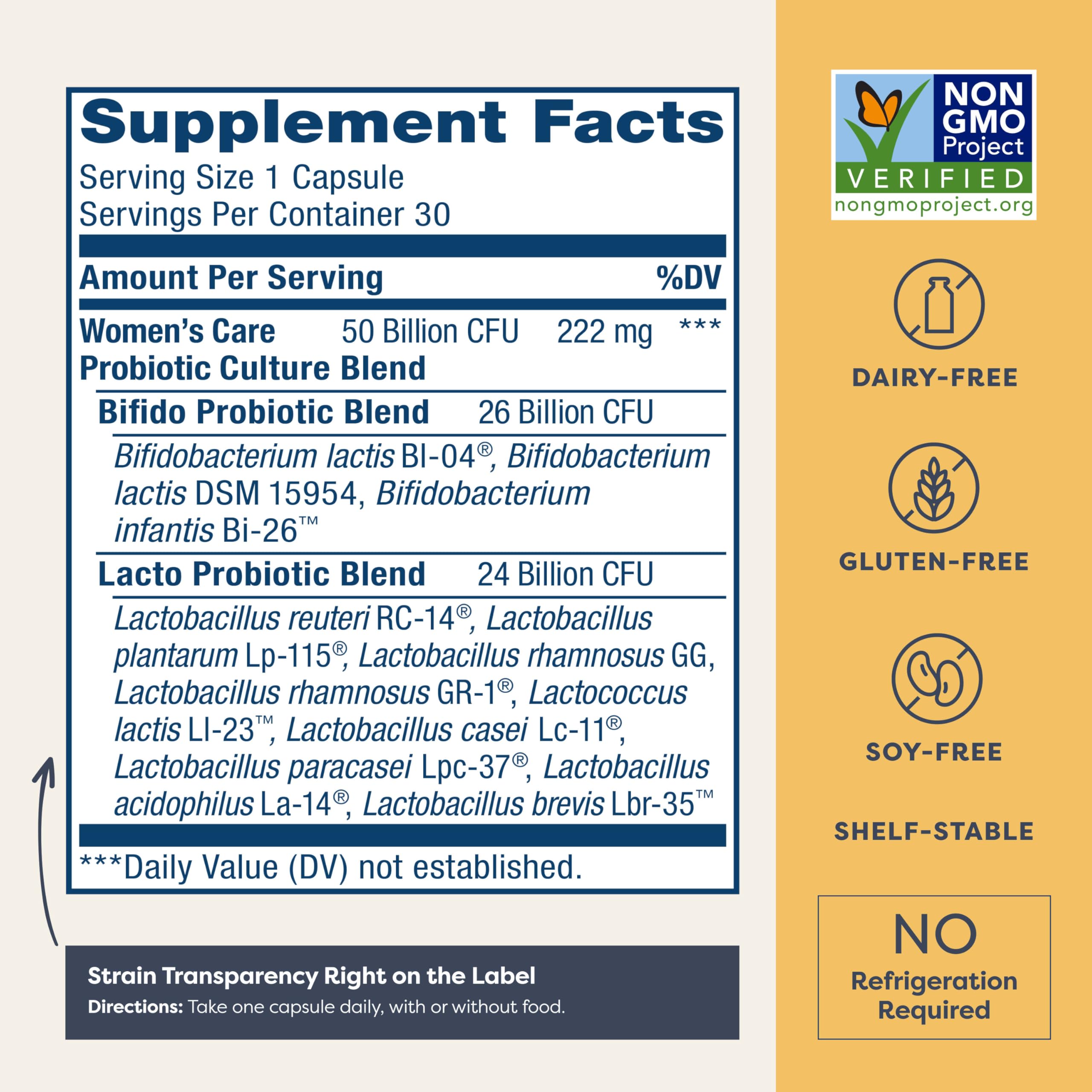 Renew Life supplement facts label for women's probiotics 50 billion CFU dairy free gluten free shelf stable Renew Life supplement facts label for women's probiotics 50 billion CFU dairy free gluten free shelf stable