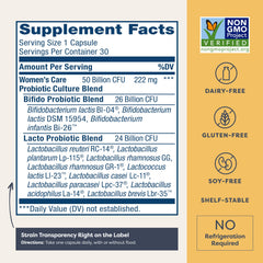 Renew Life supplement facts label for women's probiotics 50 billion CFU dairy free gluten free shelf stable Renew Life supplement facts label for women's probiotics 50 billion CFU dairy free gluten free shelf stable