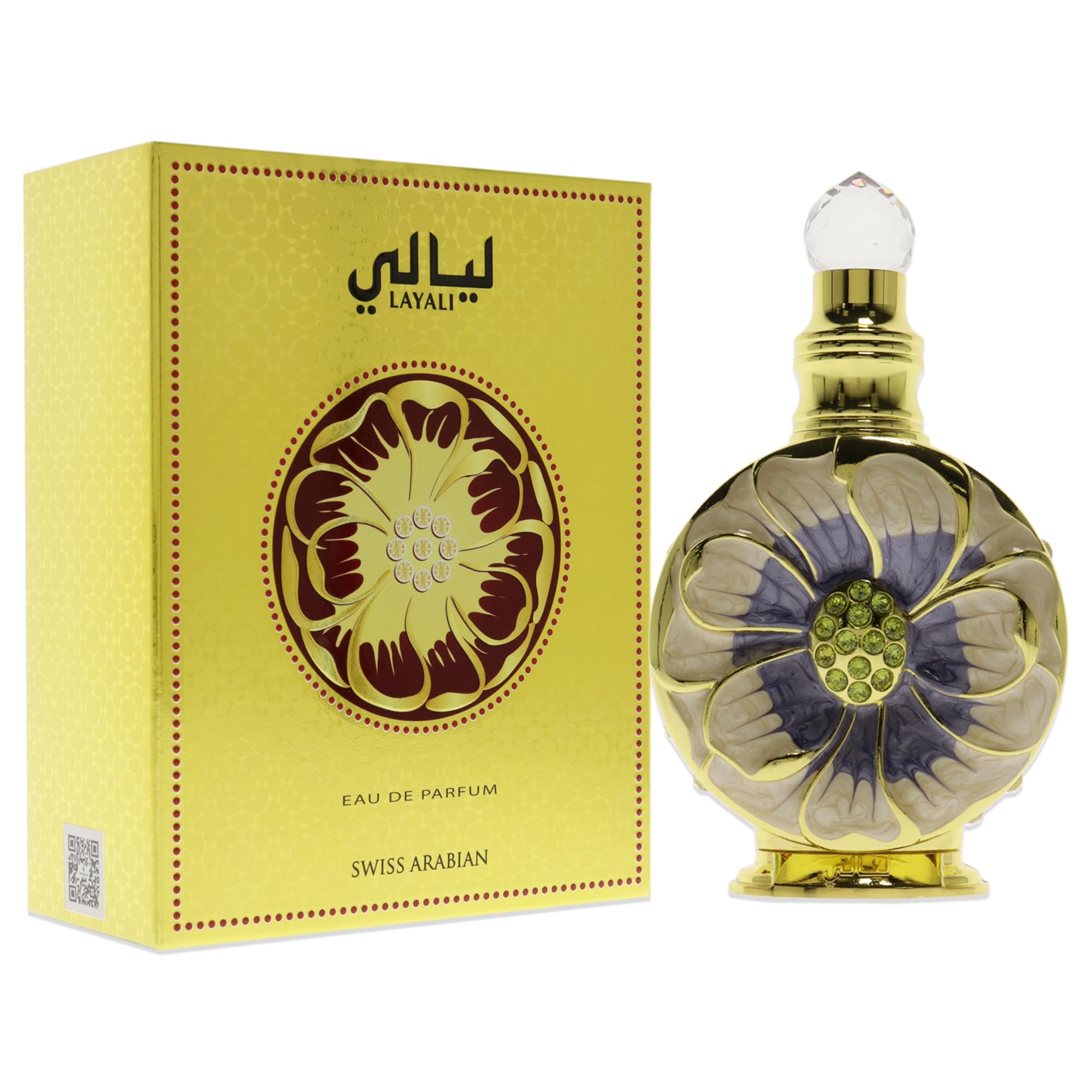 Swiss Arabian Layali perfume for women with ornate golden floral bottle and matching gold box Swiss Arabian Layali perfume for women with ornate golden floral bottle and matching gold box