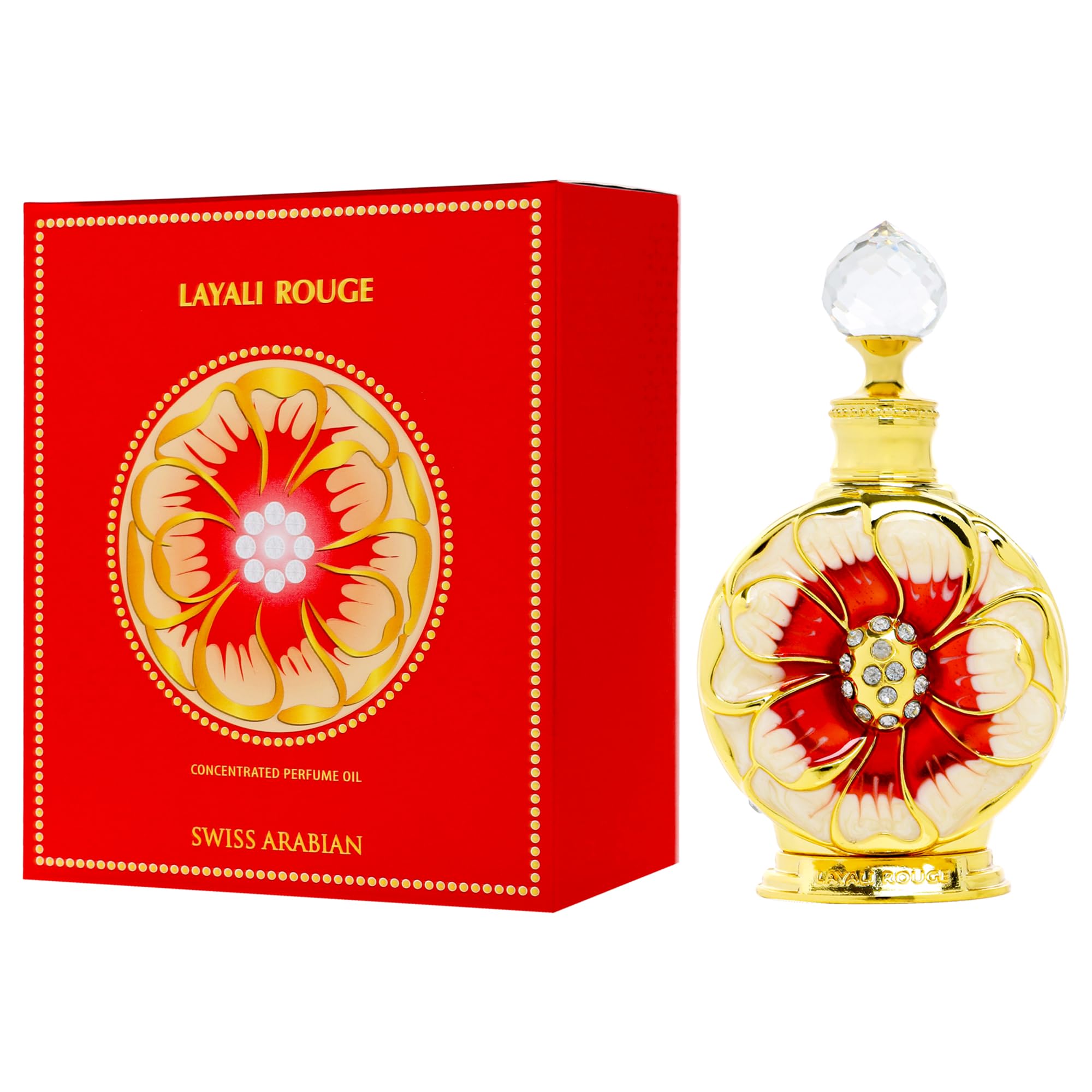 Swiss Arabian Layali Rouge perfume oil bottle with decorative gold and red floral design next to matching red box Swiss Arabian Layali Rouge perfume oil bottle with decorative gold and red floral design next to matching red box