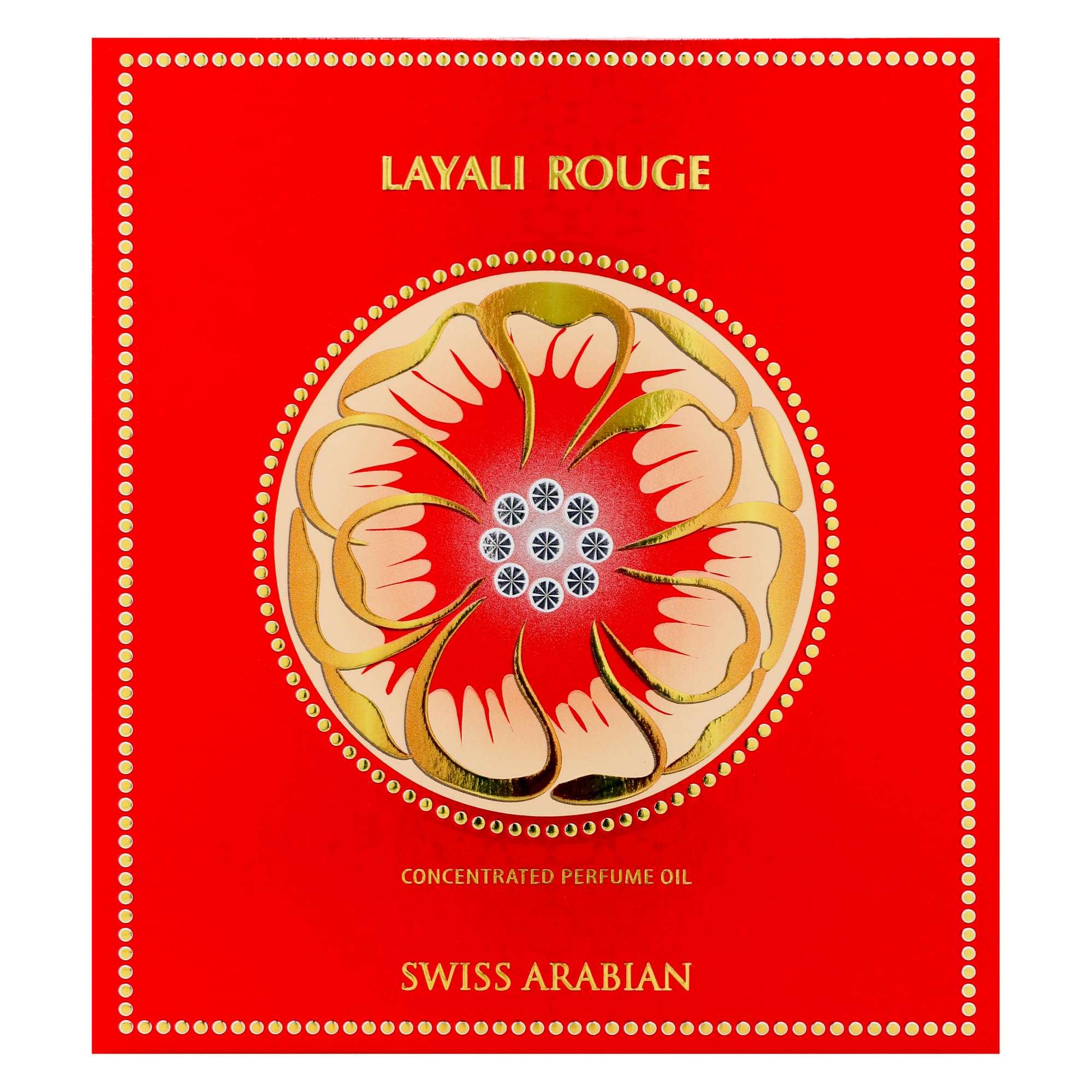 Swiss Arabian Layali Rouge perfume oil red packaging with gold floral design and decorative border Swiss Arabian Layali Rouge perfume oil red packaging with gold floral design and decorative border