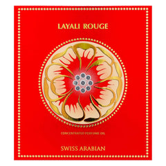 Swiss Arabian Layali Rouge perfume oil red packaging with gold floral design and decorative border Swiss Arabian Layali Rouge perfume oil red packaging with gold floral design and decorative border