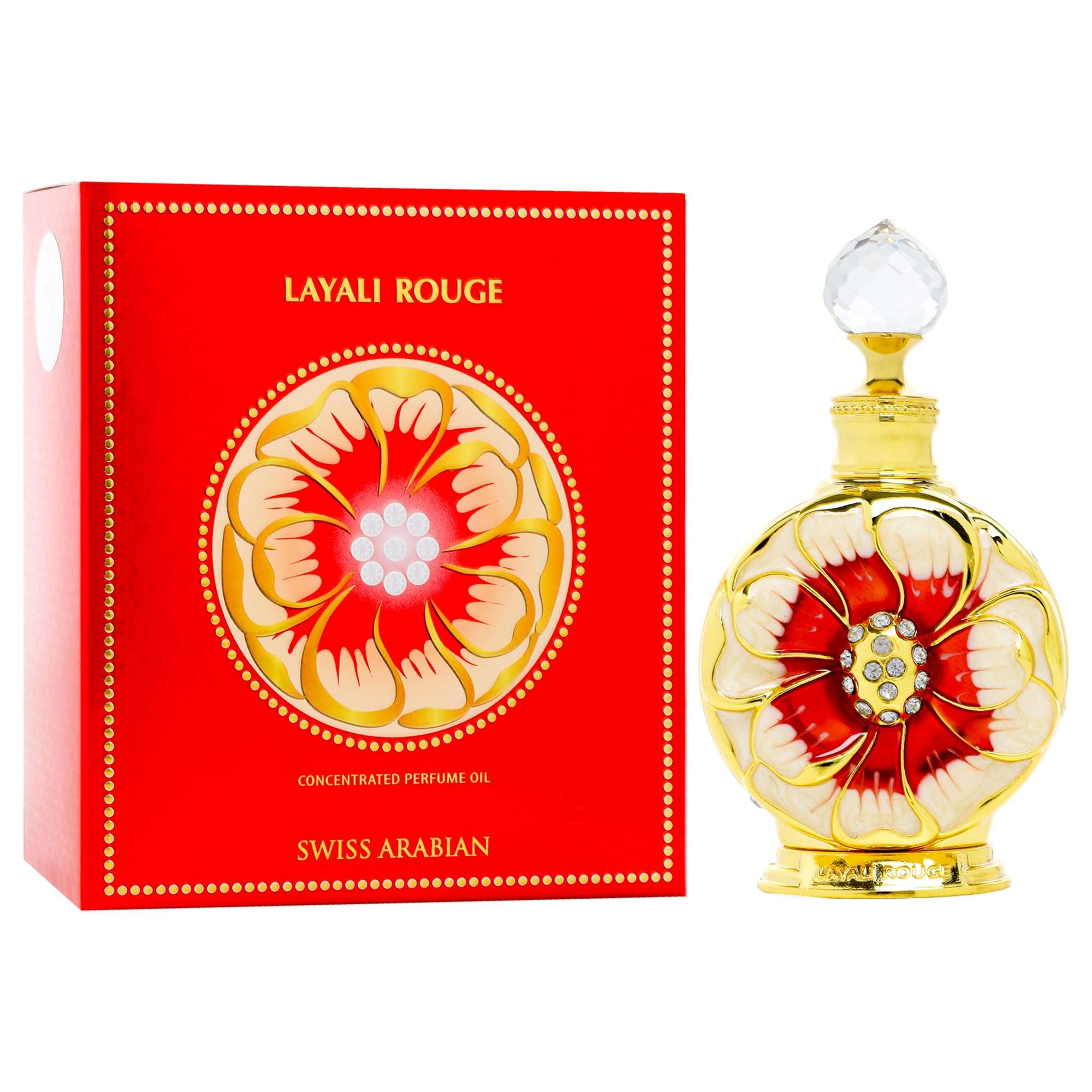 Swiss Arabian Layali Rouge perfume oil bottle with decorative floral design and red packaging box Swiss Arabian Layali Rouge perfume oil bottle with decorative floral design and red packaging box