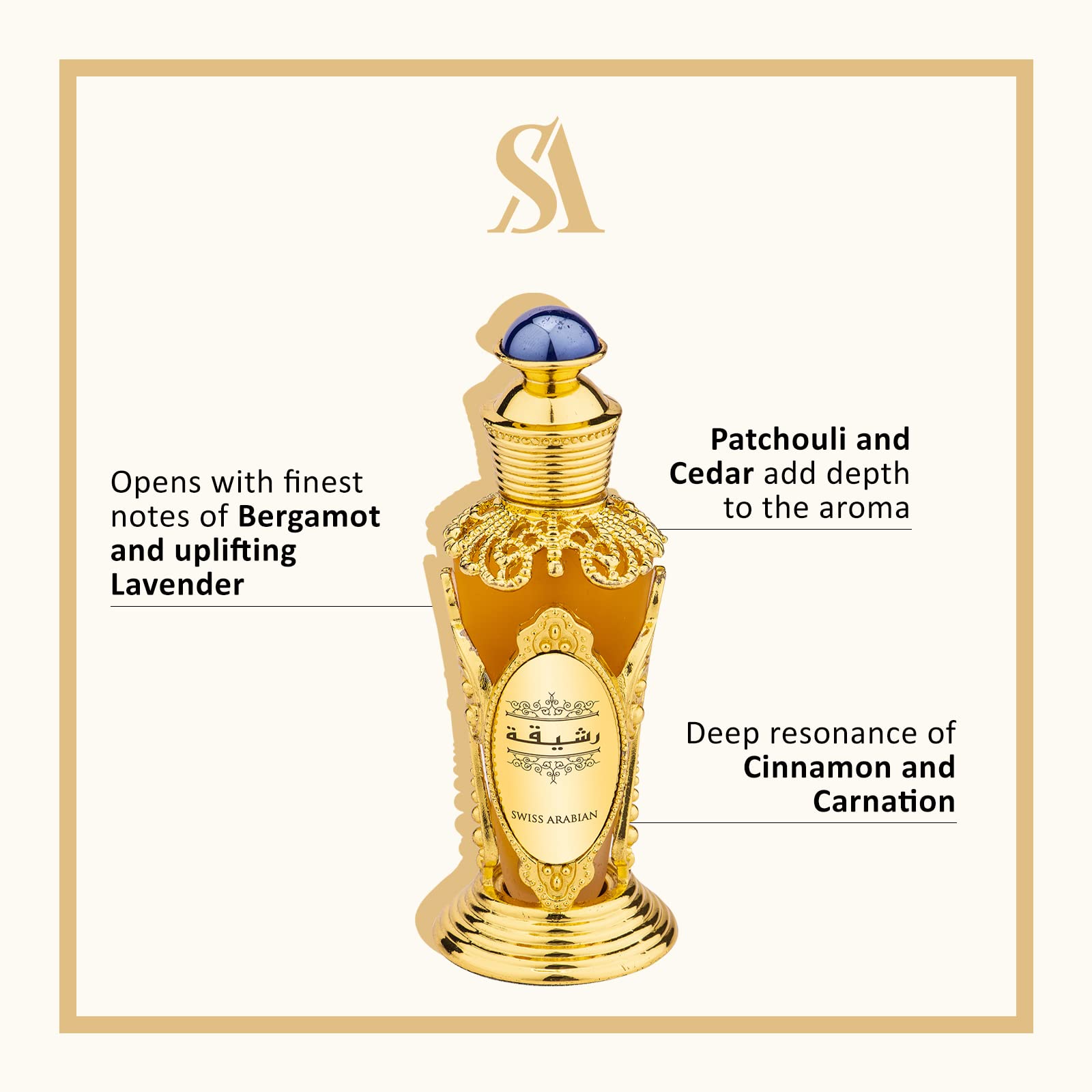 Swiss Arabian Rasheeqa perfume oil in ornate gold bottle with bergamot, lavender, patchouli, cedar, cinnamon, and carnation notes Swiss Arabian Rasheeqa perfume oil in ornate gold bottle with bergamot, lavender, patchouli, cedar, cinnamon, and carnation notes
