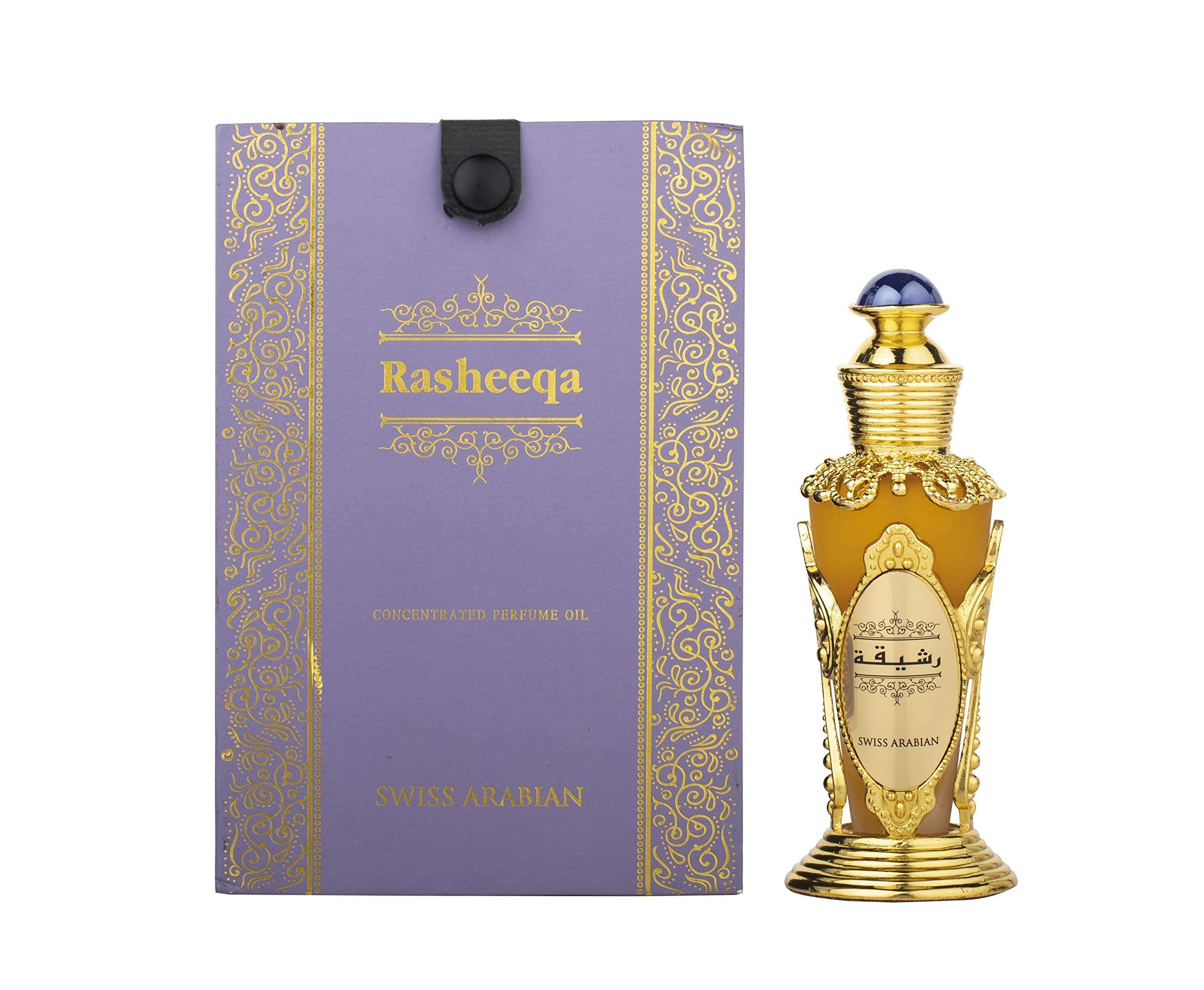Swiss Arabian Rasheeqa perfume oil bottle with ornate gold design and purple decorative box Swiss Arabian Rasheeqa perfume oil bottle with ornate gold design and purple decorative box