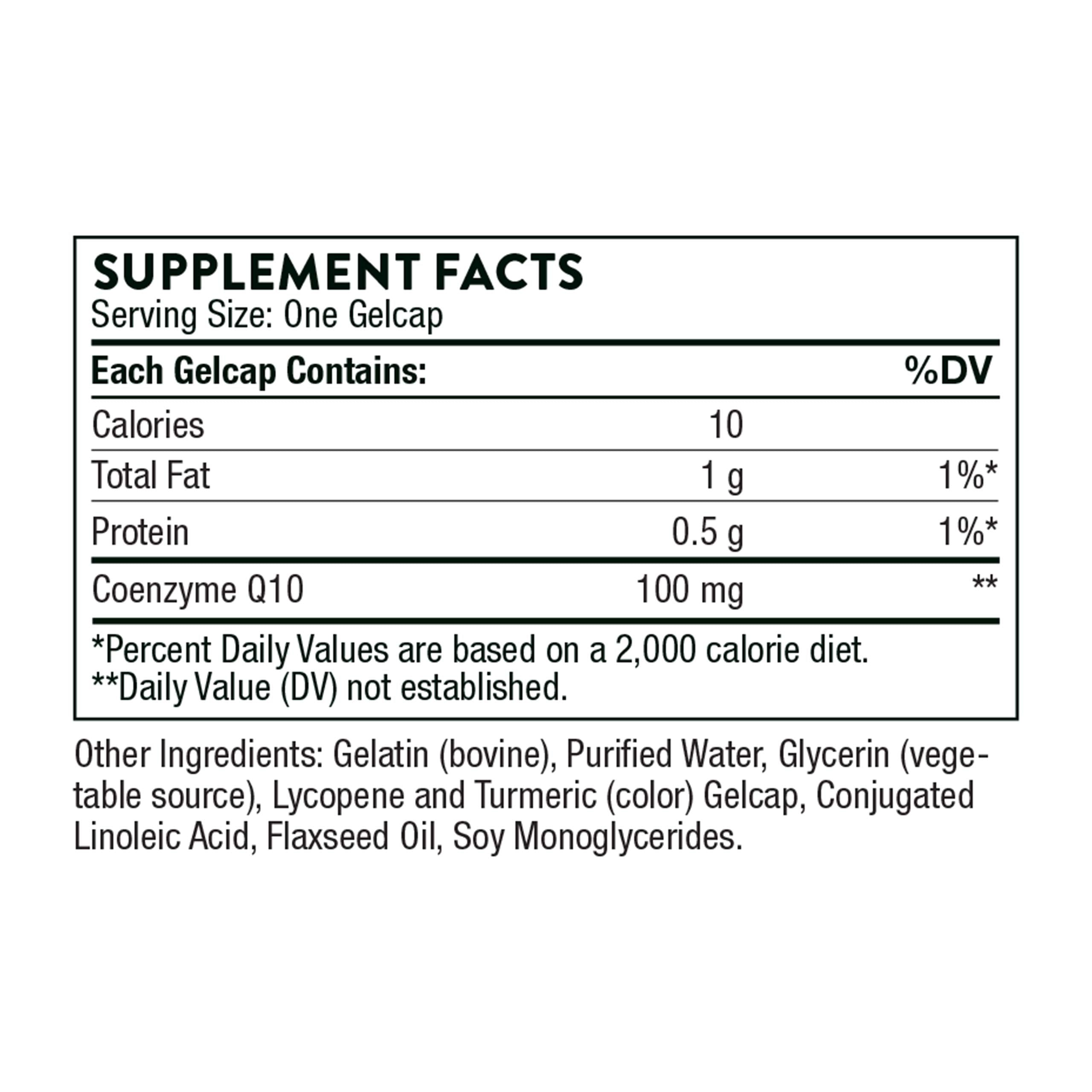 THORNE supplement facts label showing one gelcap Coenzyme Q10 100 mg CoQ10 supplement for heart health THORNE supplement facts label showing one gelcap Coenzyme Q10 100 mg CoQ10 supplement for heart health