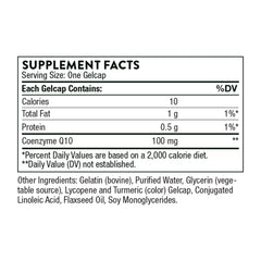 THORNE supplement facts label showing one gelcap Coenzyme Q10 100 mg CoQ10 supplement for heart health THORNE supplement facts label showing one gelcap Coenzyme Q10 100 mg CoQ10 supplement for heart health