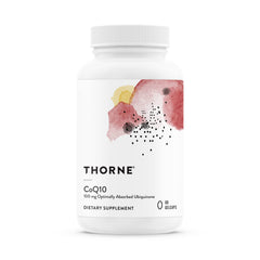 THORNE CoQ10 supplement for heart health. White bottle with floral label design 60 gelcaps THORNE CoQ10 supplement for heart health. White bottle with floral label design 60 gelcaps