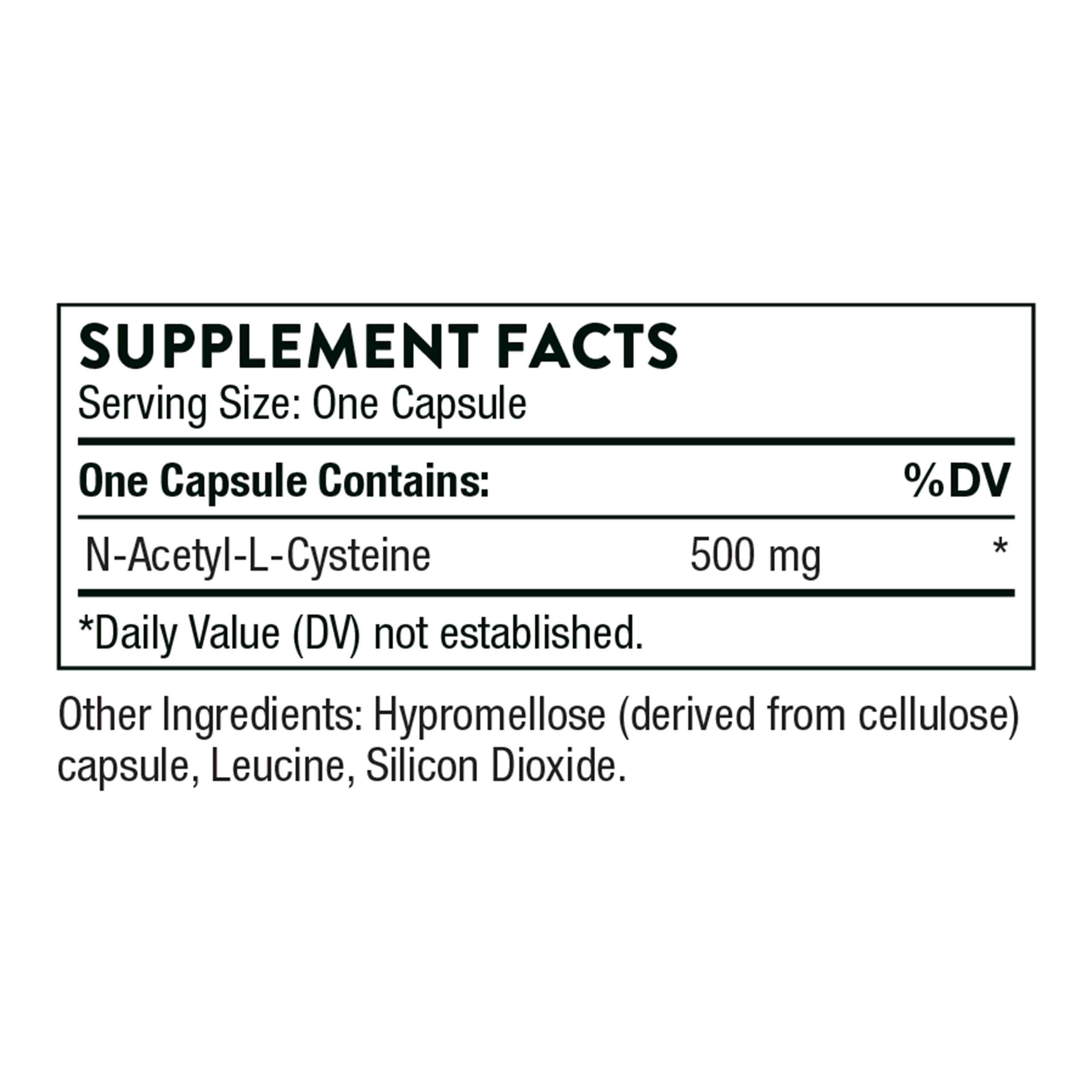 THORNE supplement facts label showing N Acetyl L Cysteine 500 mg per capsule with other ingredients NAC supplement 500mg THORNE supplement facts label showing N Acetyl L Cysteine 500 mg per capsule with other ingredients NAC supplement 500mg